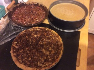 Our pies! Pecan pie with sweet potato and bacon crust, Apple pie with crumb topping, and a pumpkin cheesecake.