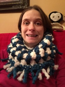 This is a loop scarf I whipped up the other day for myself. It keeps me warm and what more can I ask for?