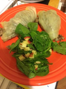Dinner last night (cabbage rolls and spinach with apple salad - apples are okay with the detox) Sunday dinner