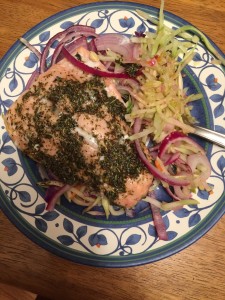 Dinner last night. Salmon with broccoli slaw that was baked with red onion.