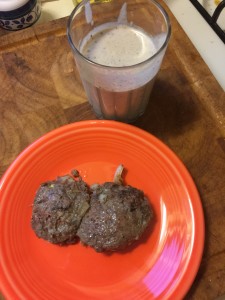 Breakfast this morning. Sausage with a smoothie. (We all got more then this).