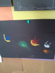 Max art from today, our 4 hermit crabs! (This is done in chalk pastels.)