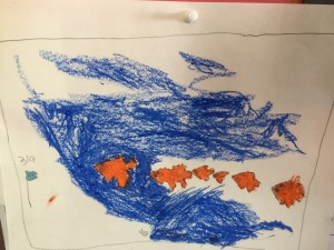 Fish race with hermit crabs watching. This is done in oil pastels. Max did this yesterday.