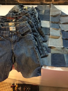 Jeans that have holes in them turn into shorts and a rag quilt!