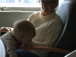 Climbing on Grandma at the hospital. 