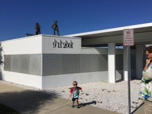 Nathaniel photo bomb of the memorial. All the circles in the steel represent one life lost that day. 