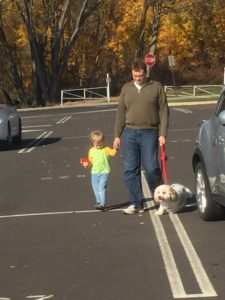 Nathaniel, Tony and Fenway going for a walk before our LONG drive to Florida.